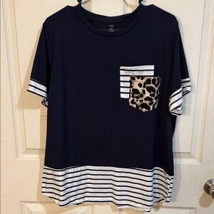 Blackand White Striped Shirt with Leopard Pocket